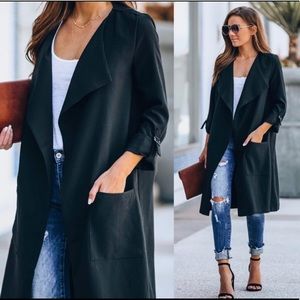 Black Pocketed Chic Drape Layering Coat Small New